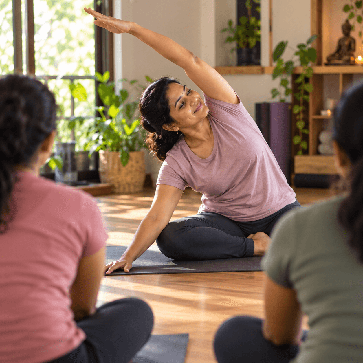 A yoga teacher leading a small class in a home studio