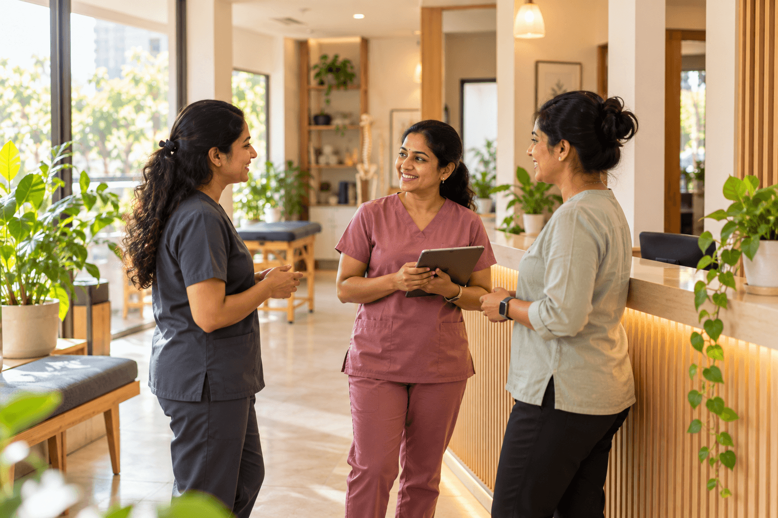 Three colleagues at the front desk of a small clinic, comparing the day's bookings