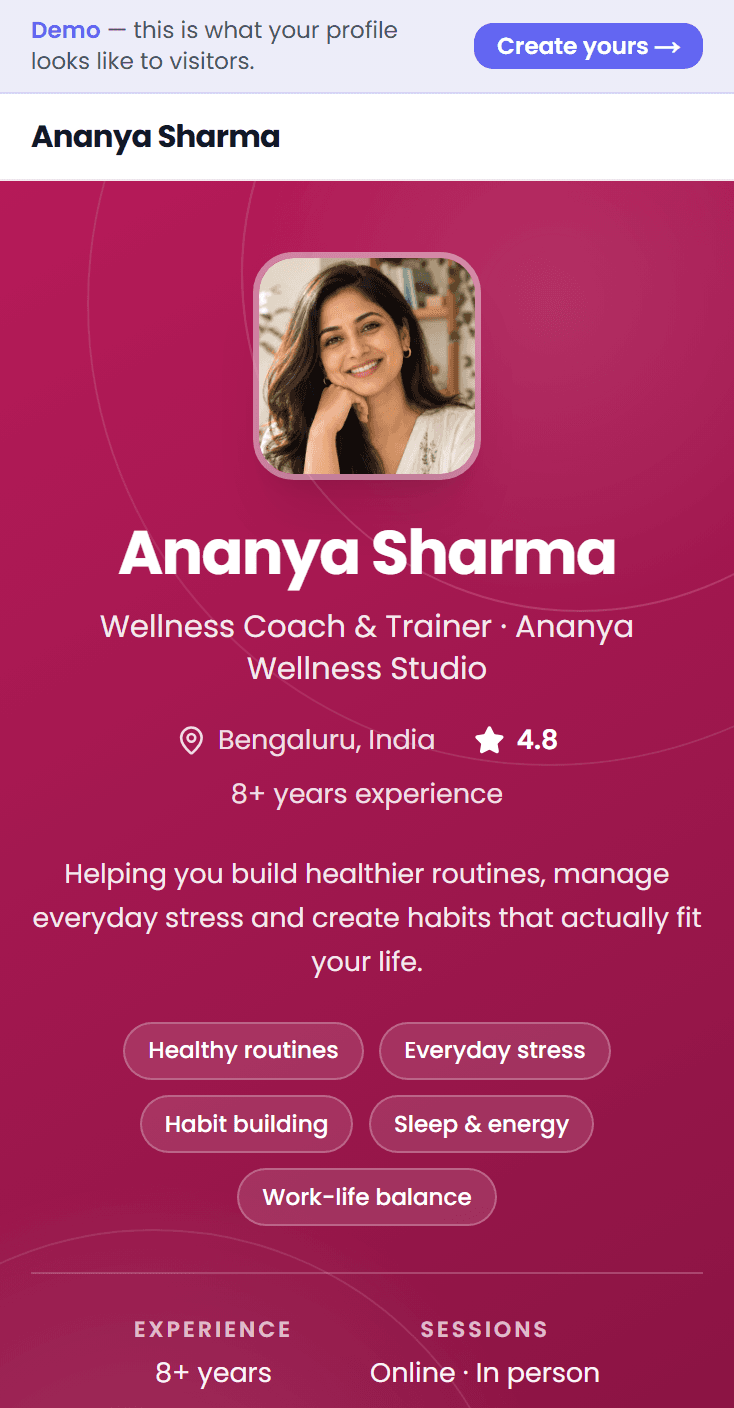 A Klippme booking page for Ananya Sharma, a wellness coach in Bengaluru, with her photo, bio and specialisations